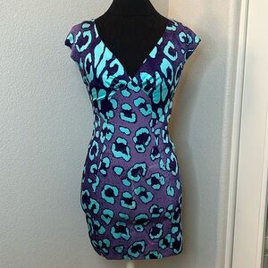 Samantha Sung Leopard Print Blue And Purple Mini Dress Size 2